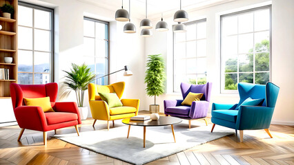 Fototapeta premium Minimalist interior design of modern living room with abstract art frame.