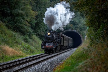 Obraz premium A steam train is traveling through a tunnel