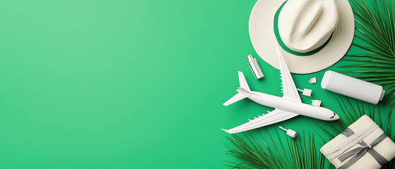 Travel essentials arranged on green background, including white airplane model, straw hat, sunscreen, and wrapped gift. Perfect for vacation planning and summer vibes