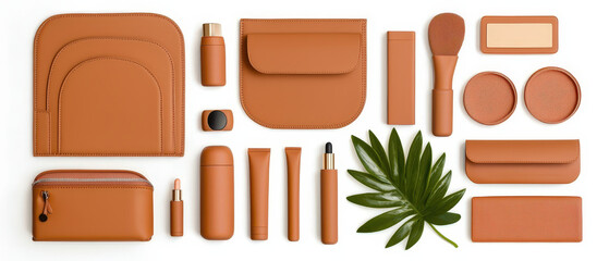 Stylish brown leather cosmetic and accessory items arranged neatly, showcasing modern aesthetic. Perfect for beauty enthusiasts and minimalistic design lovers
