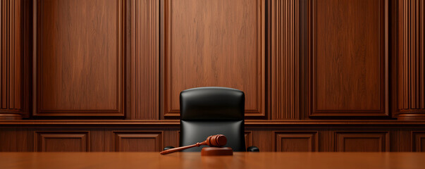 Empty courtroom awaiting justice with a prominent gavel placed on a polished wooden table, symbolizing the gravity of legal proceedings and the pursuit of truth in a serious and somber atmosphere