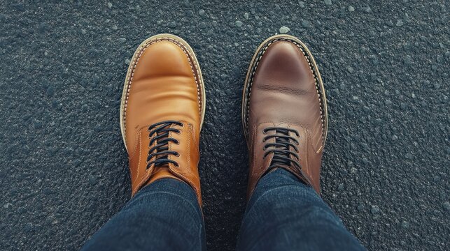 Work Life Balance Concept. Low Section of a Man Standing with Half of Working Shoes and Casual Traveling Shoes
