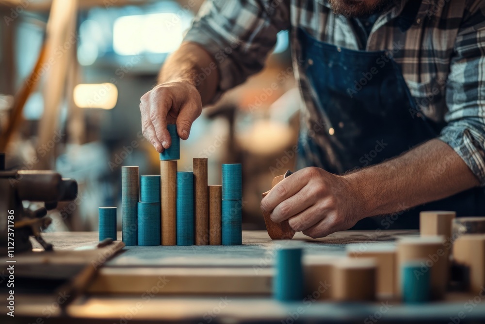 Poster a craftsman stacking wooden cylinders of various colors in a workshop.