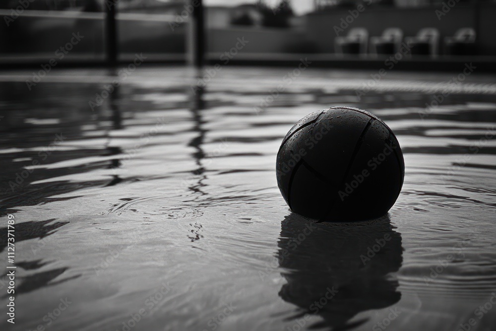 Poster a black ball floats on the surface of a pool, creating ripples in the water.