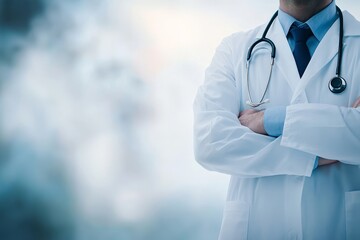 Confident doctor in white coat ready to provide care with stethoscope in hand against a soothing blurred backdrop for text