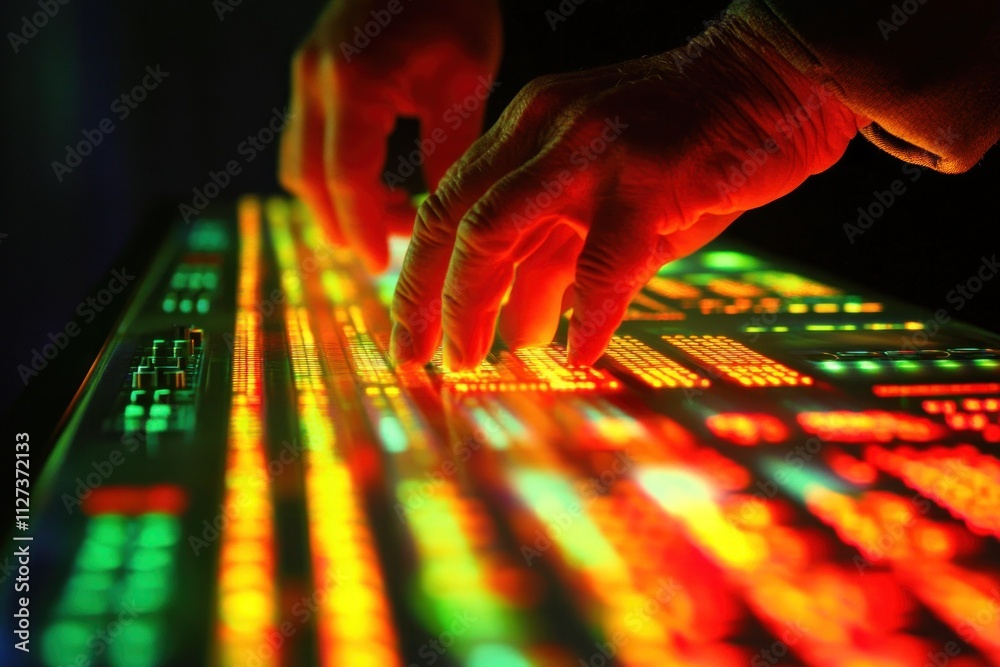 Aufkleber Hands manipulating a colorful control panel with vibrant lights and buttons.