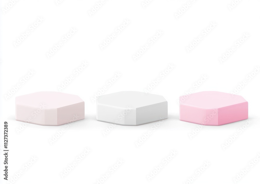 Poster Three hexagonal-shaped objects in pink and white colors arranged in a row.