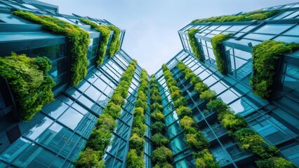 A modern glass atrium visible from below, tall buildings with bright green vertical gardens, plants cascade down the facades, lush greenery contrasts with smooth glass surfaces.