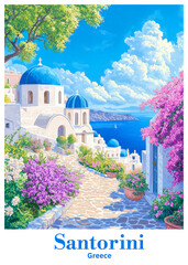 Naklejka premium A Viewpoint of the Sea and the Sky at Santorini with Blue Dome Churches and Vibrant Flowers in Greece Poster Illustration Travel Print Decor Gift Paper Canvas Wall Retro Art