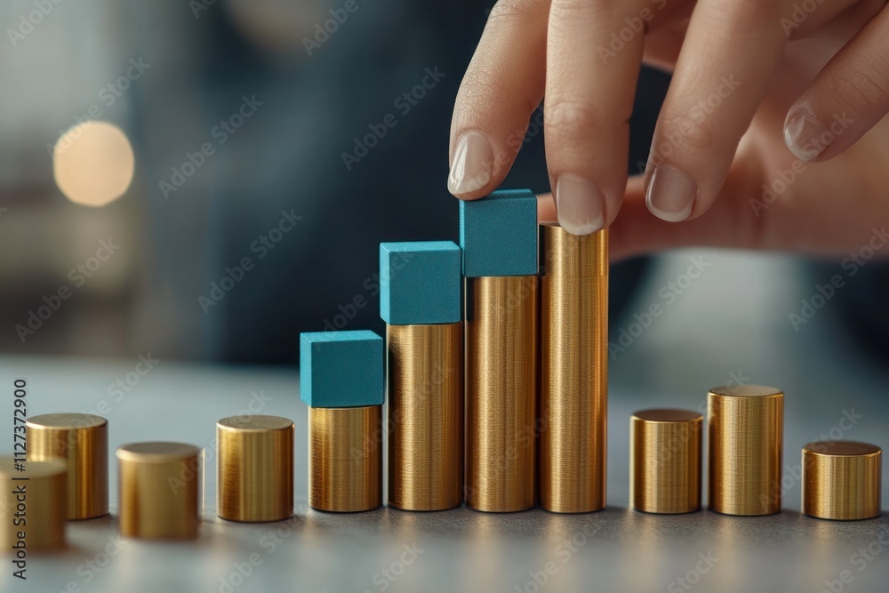 Poster a hand adjusts colorful blocks on a gold bar graph, symbolizing data analysis or growth.