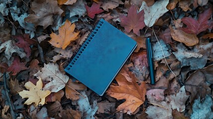 Notebook and Pen Resting on Autumn Leaves