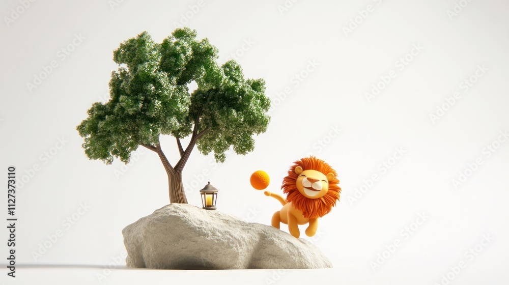 Poster a cheerful lion character playing with a ball near a tree and lantern on a rock.