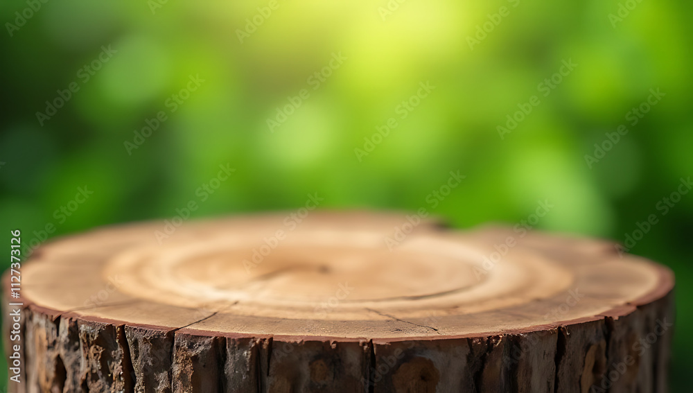 Poster Old tree stump tabletop with blurred green garden background perfect for creating product displays or design key visuals._00003_