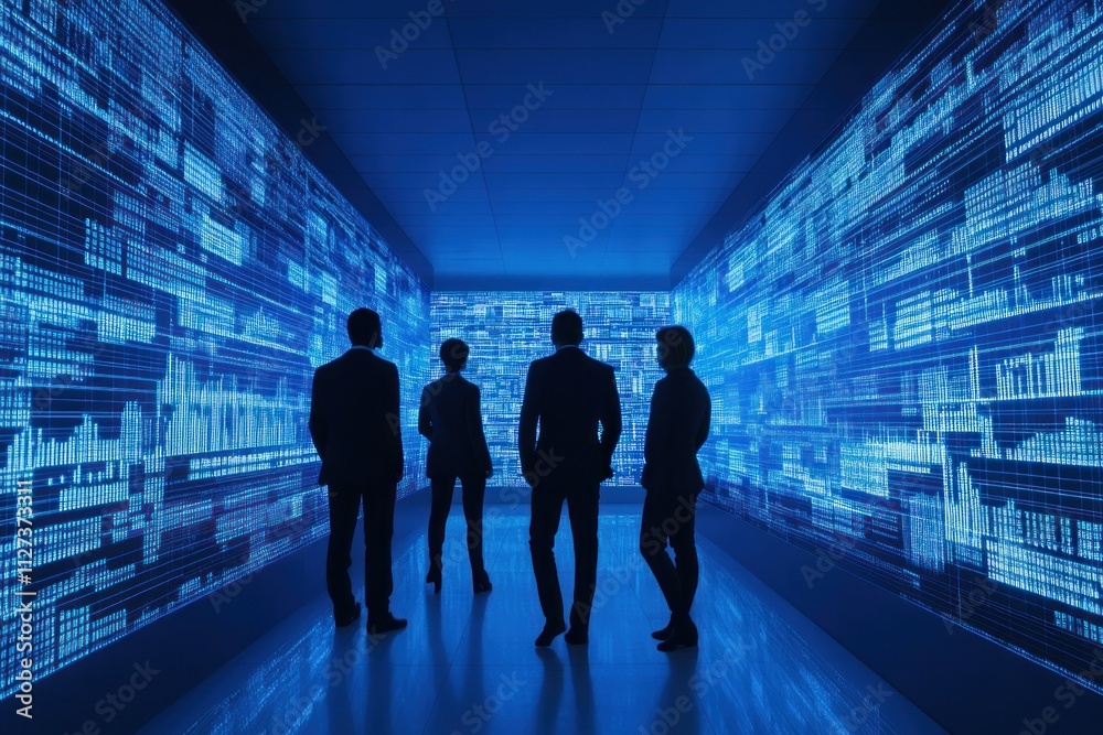 Aufkleber silhouetted figures in a futuristic data room with digital displays.