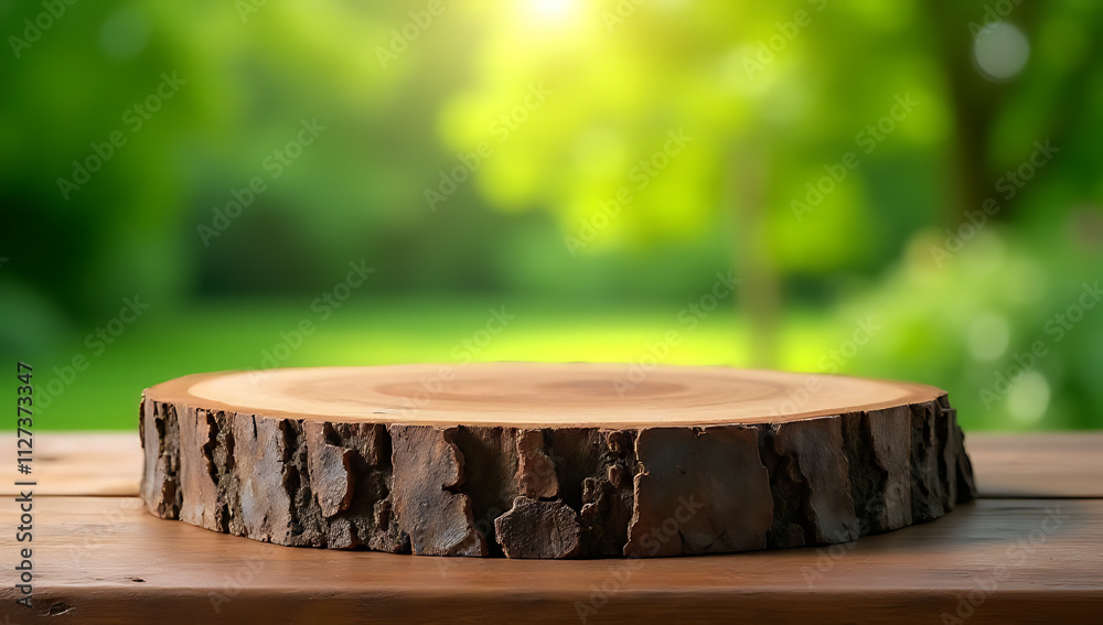 Poster Old tree stump tabletop with blurred green garden background perfect for creating product displays or design key visuals._00001_