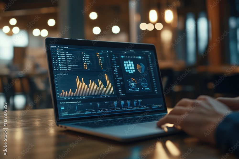 Aufkleber A laptop displaying data analytics and visualizations in a modern workspace.