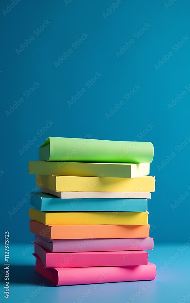 Poster Note paper with vibrant colors is neatly stacked against a deep blue backdrop creating a visually appealing scene._00003_