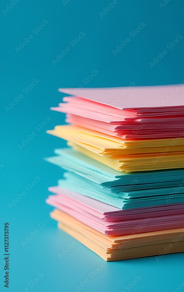 Aufkleber Note paper with vibrant colors is neatly stacked against a deep blue backdrop creating a visually appealing scene._00002_
