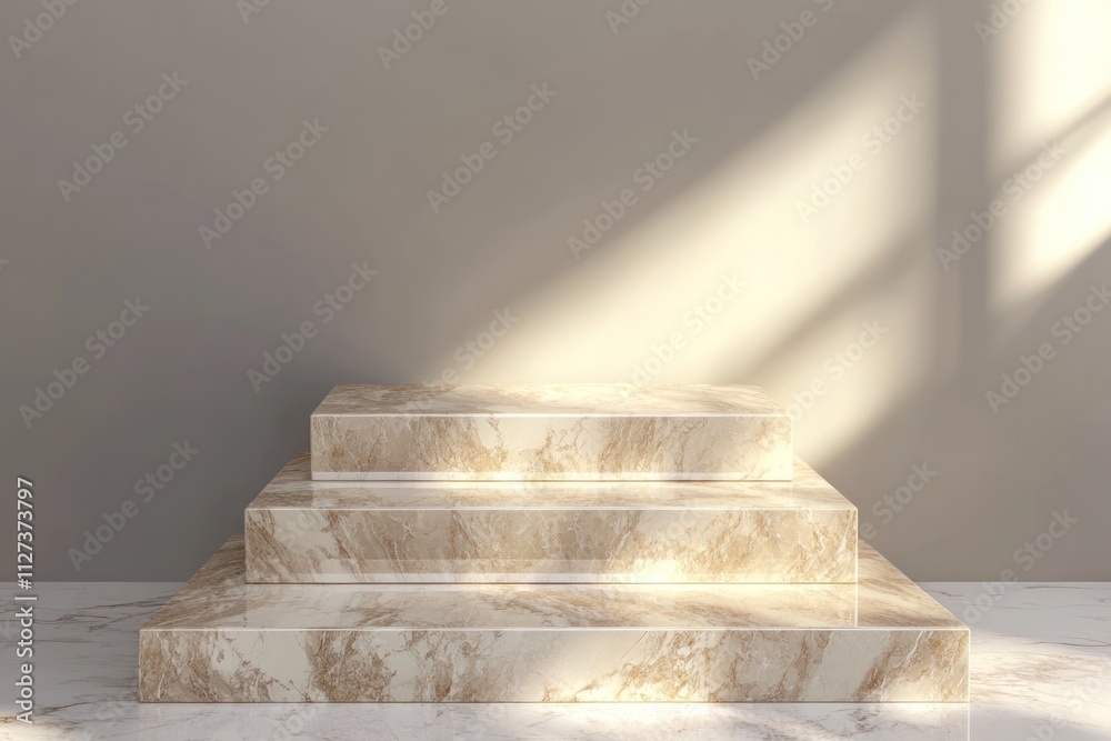 Poster a minimalist display with marble steps against a neutral wall, emphasizing elegance and simplicity.