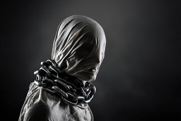 Portrait of a scary ghost with chains over dark misty background