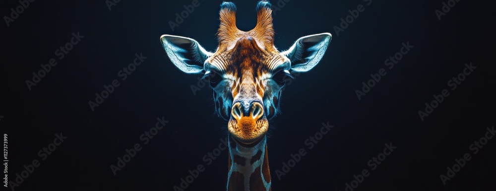 Poster a close-up of a giraffe's face against a dark background, showcasing its unique features.