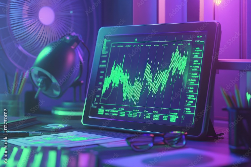 Poster A tablet displaying a vibrant data graph in a modern workspace with ambient lighting.