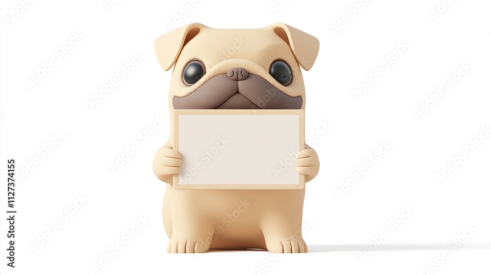 Poster a cute cartoon pug holds a blank sign, inviting customization or messages.