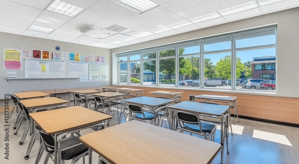 Aufkleber A bright and organized classroom with desks and large windows.