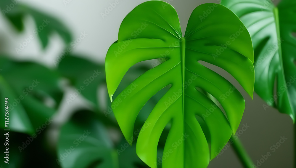 Poster monstera leaves with selective focus add a pop of color to interior decorating compositions and back