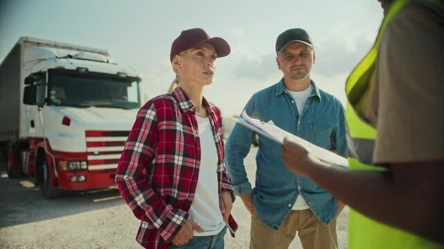 Couple standing in front of manager of truck service center. Female discussing something with person off camera holding notepad. Having issues with transportation. Talking about repair price.