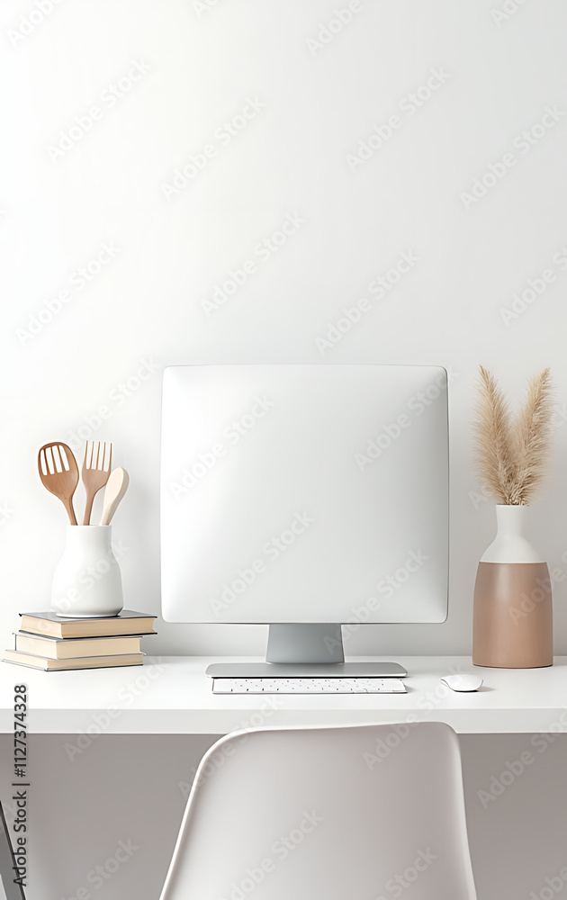 Poster minimalist office setup featuring a modern desk with simple equipment and decorative items placed ne