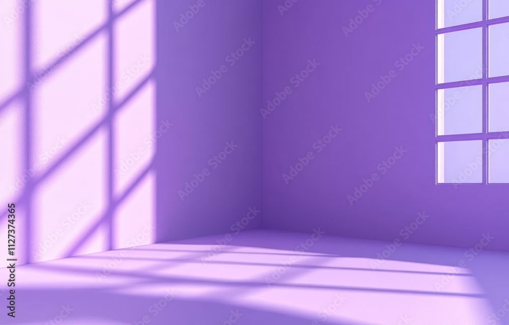 Poster a minimalist purple room with shadows from a window, creating a serene atmosphere.