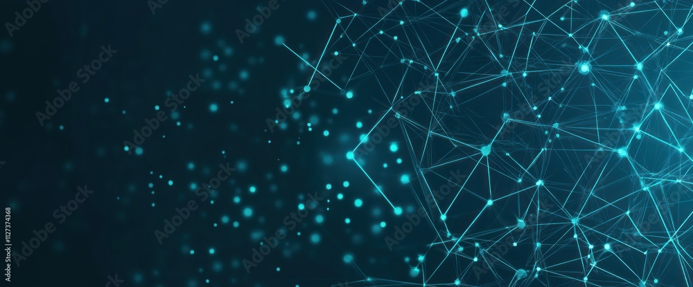 Poster Abstract digital network with glowing nodes and connections on a dark background.
