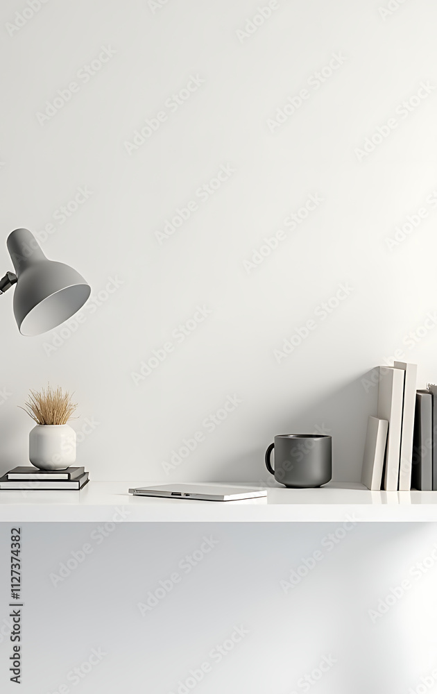 Poster minimalist office setup featuring a modern desk with simple equipment and decorative items placed ne