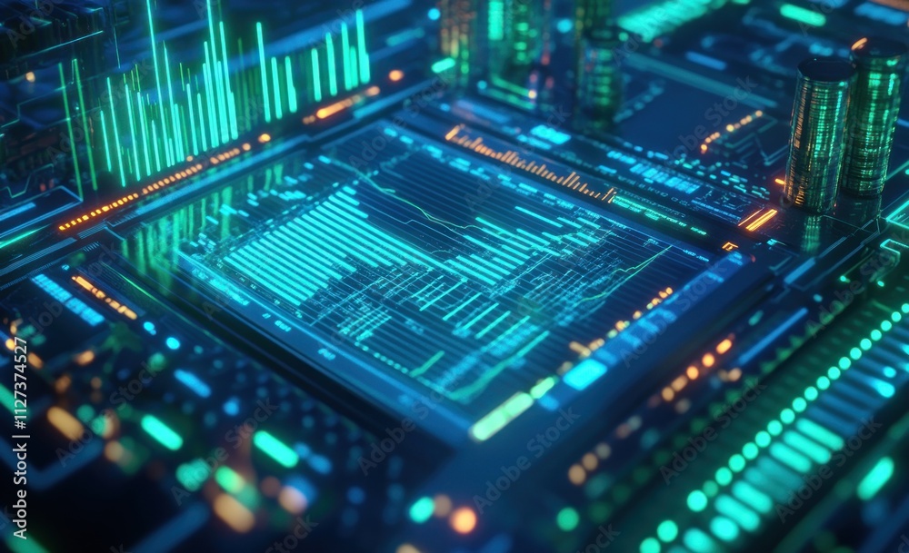Poster A vibrant digital circuit board displaying data visualizations and graphs.