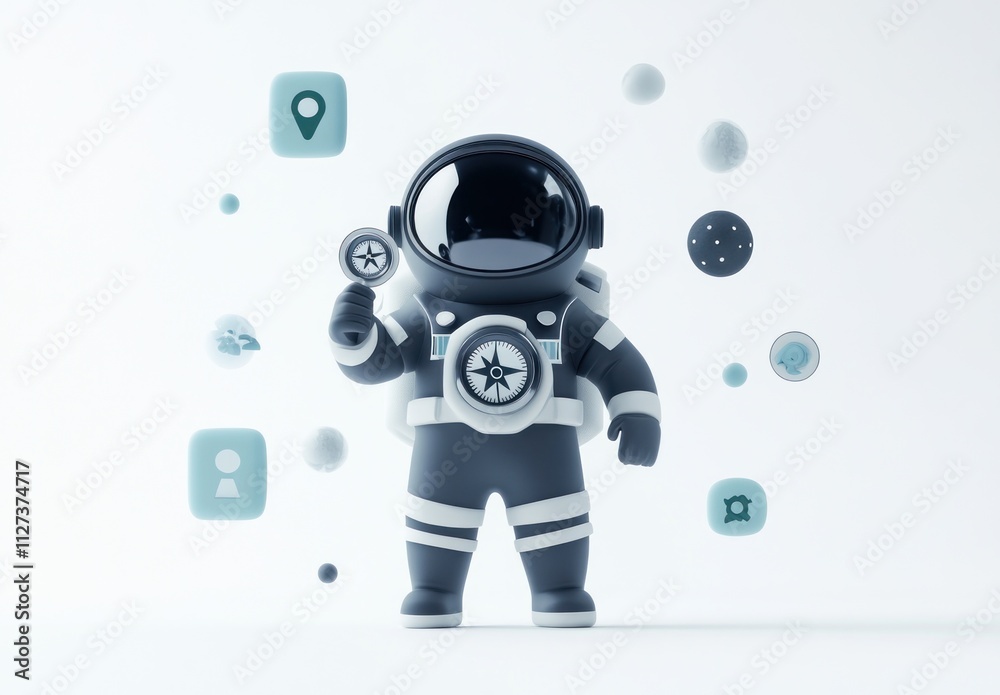 Poster A cute astronaut figure surrounded by various icons representing exploration and discovery.