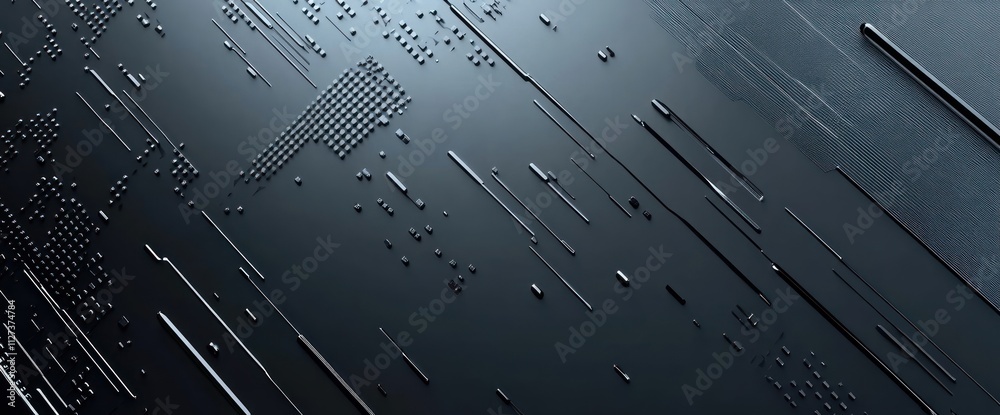 Poster Abstract digital design with linear patterns and textures in a dark color scheme.