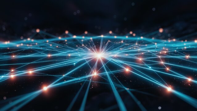 A mesmerizing image of interconnected lines and pulsating nodes against a background filled with stars of space. The lines form a complex web, which suggests a digital network spanning the universe.