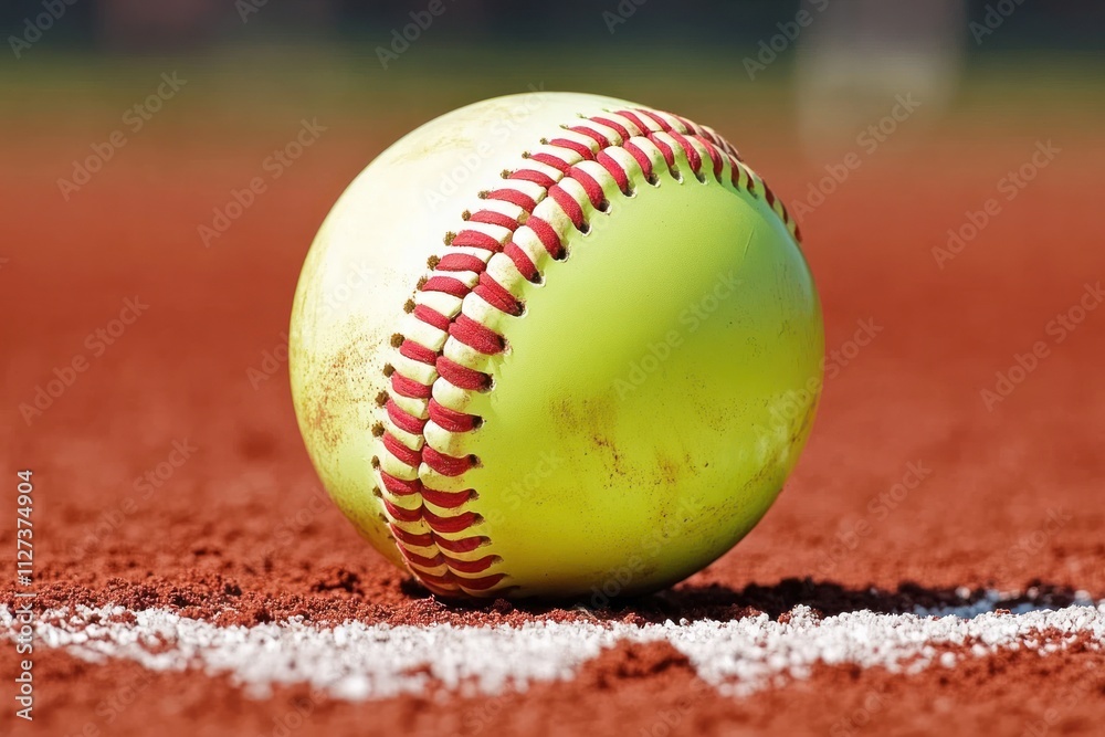 Poster A close-up of a yellow softball resting on a red clay field.