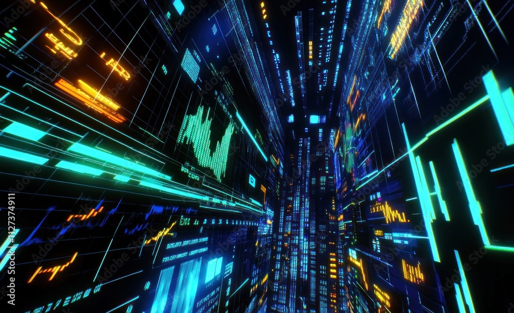 Poster A futuristic digital landscape with vibrant data streams and graphical elements.
