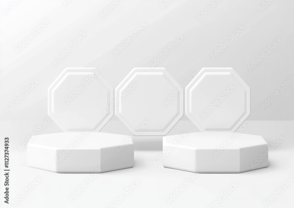 Poster Three white octagonal seating pieces arranged in a minimalist setting.