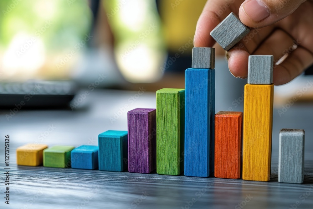 Poster A hand places a block on a colorful bar graph, symbolizing growth and progress.
