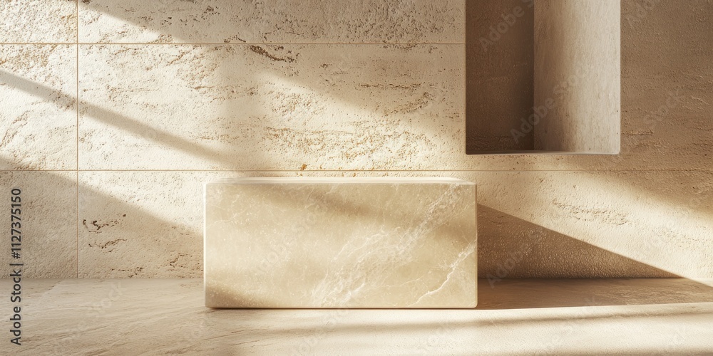 Aufkleber a minimalist interior scene featuring a stone block and textured walls illuminated by sunlight.