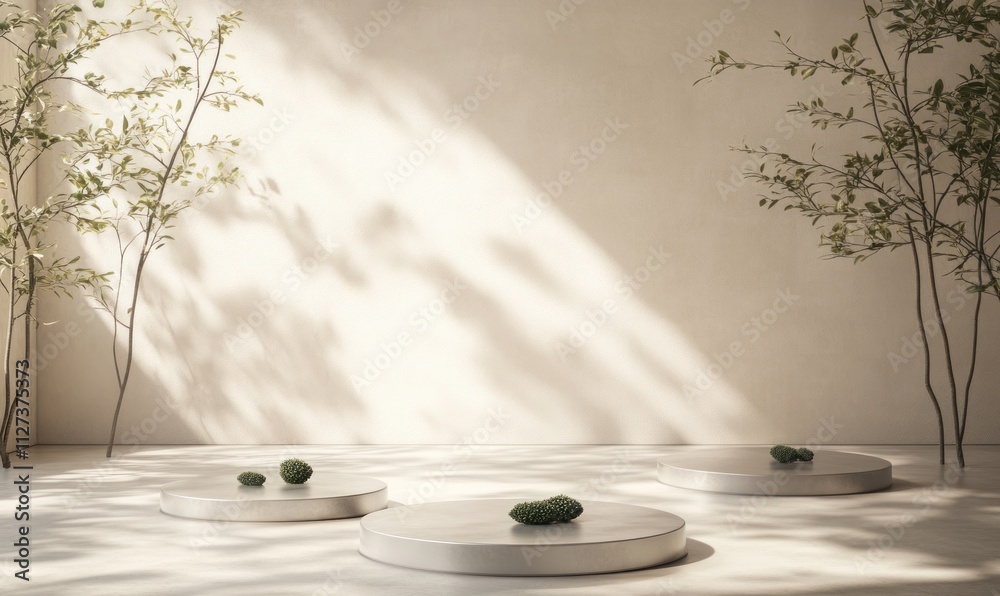 Poster Minimalist interior scene with circular platforms and greenery casting soft shadows.