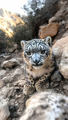 Obraz premium Close-up of a snow leopard cub among rocks.