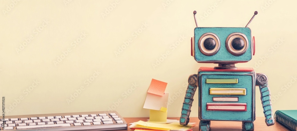 Poster a colorful toy robot stands beside a keyboard, surrounded by sticky notes on a desk.
