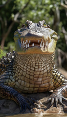 Fototapeta premium Close-up of an alligator's head and upper body, showing its teeth and textured skin.