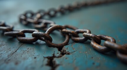 Obraz premium A close-up of a broken chain symbolizing freedom from sex trafficking, placed on a textured surface to emphasize the importance of breaking free from exploitation and abuse