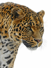 Fototapeta premium Close-up portrait of a majestic leopard, showcasing its intense gaze and distinctive spots against a white background.