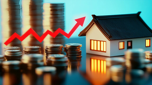 Gr&aacute;fico con casa que muestra la subida del precio del mercado inmobiliario y de la vivienda. 